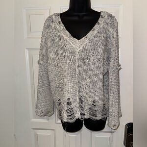 POL Distressed Gray V-Neck Sweater